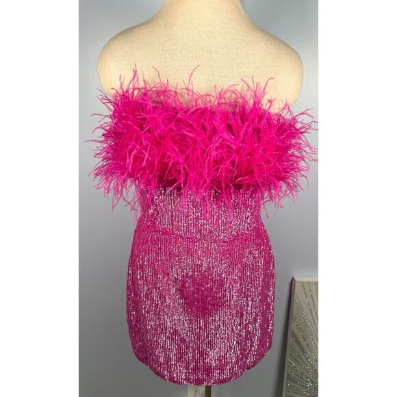 Retrofete Torin Fuchsia Pink Sequin Feather Hem Mini Dress Size Medium - Picture 5 of 10